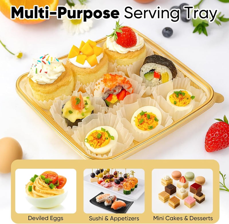 77L 72 Eggs Clear Deviled Egg Tray with Lid – Gold Plastic Party Serving Tray with Greaseproof Paper for Deviled Eggs, Sushi & Desserts - Image 3